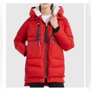 Orolay red full zip up thickened down winter puffer hooded  jacket size small